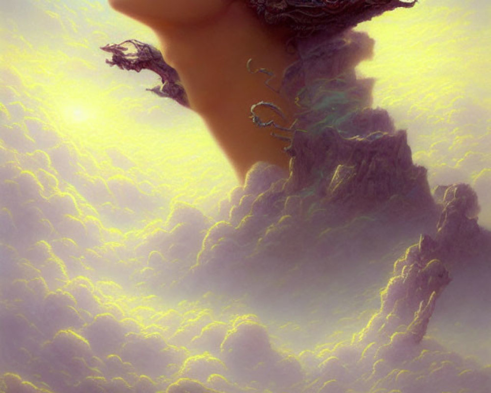 Female figure with intricate headpiece floating above clouds in serene sunlight