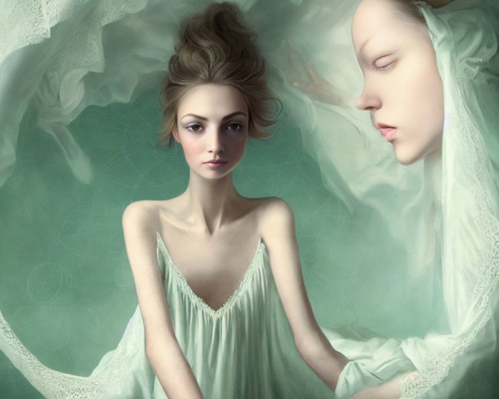 Surreal portrait of woman with ethereal twin in mint green swirl