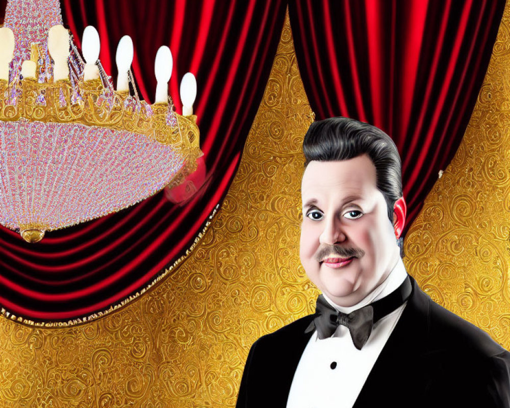 Smiling man in tuxedo with crown and red curtains portrait