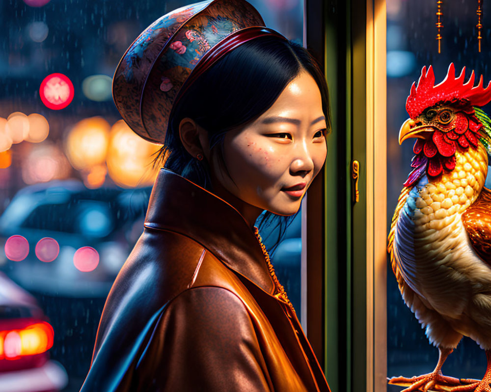 Stylish woman in hat with rooster statue in city rain scene