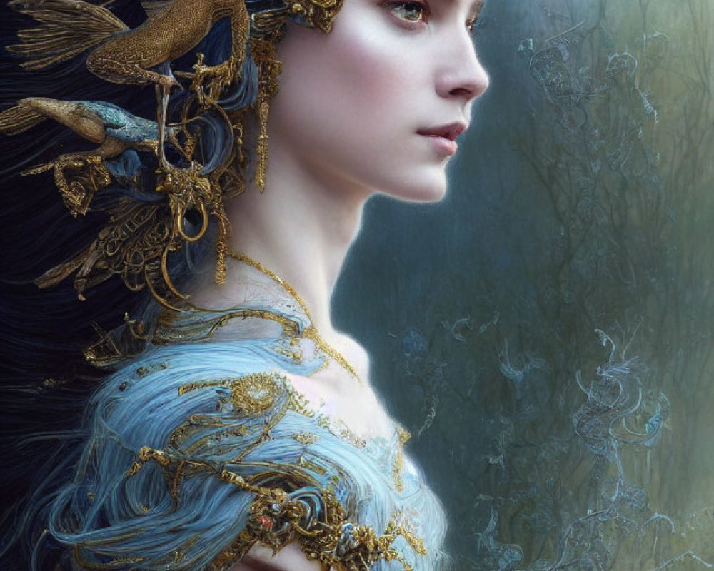 Ethereal women with golden headpieces and blue hair in misty forest scene