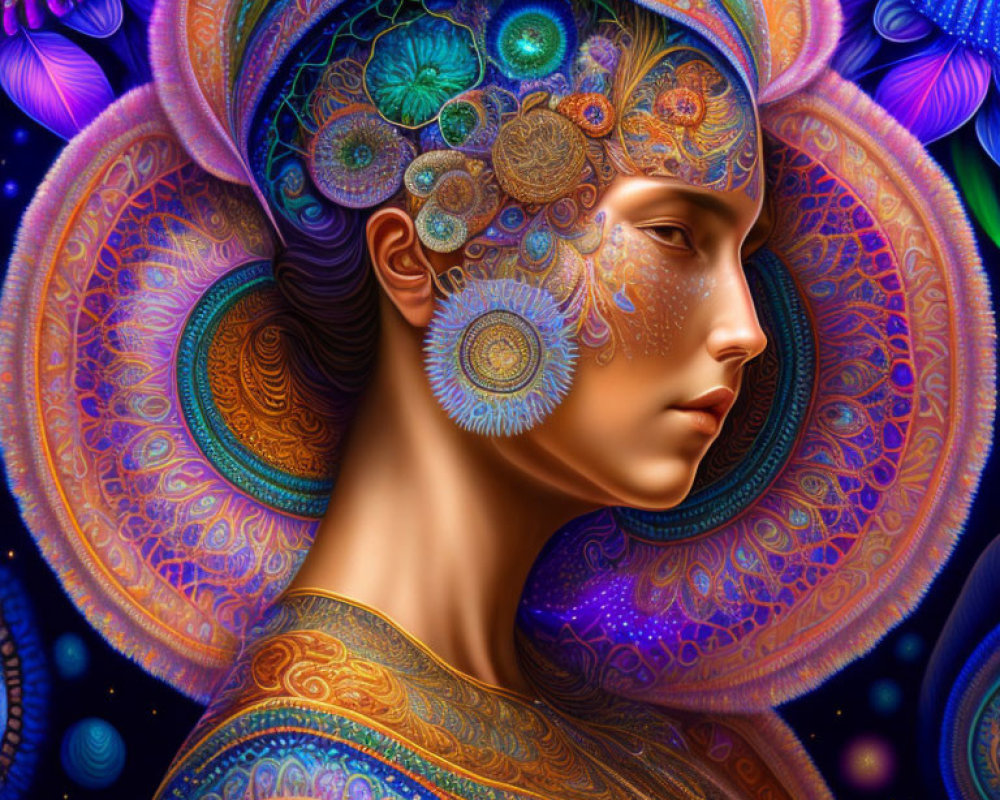 Colorful profile portrait with intricate mandala patterns and psychedelic textures