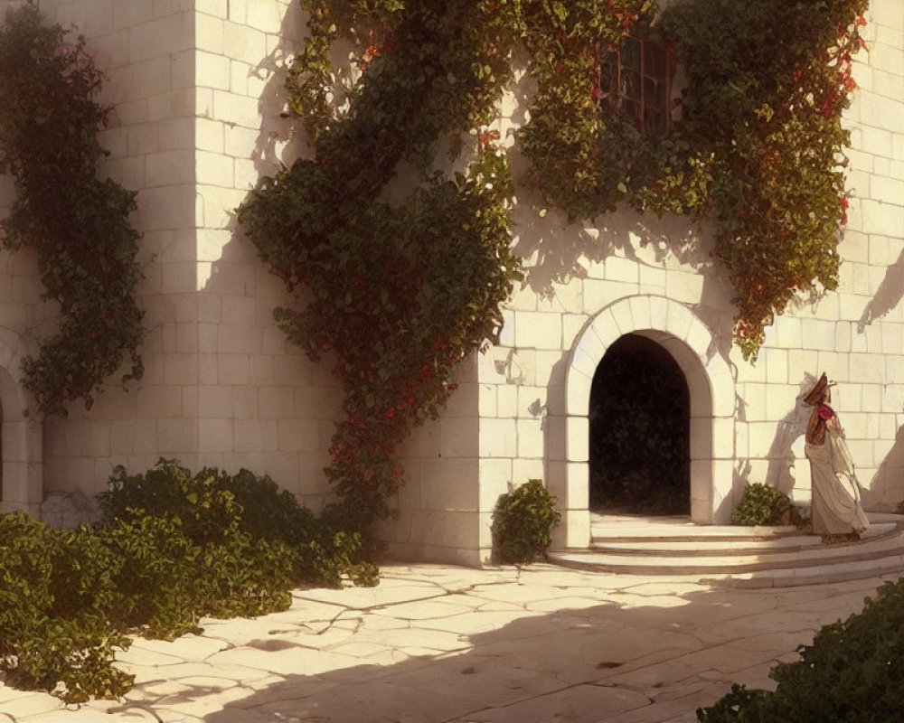 Person in cloak walks through sunlit ivy-covered courtyard