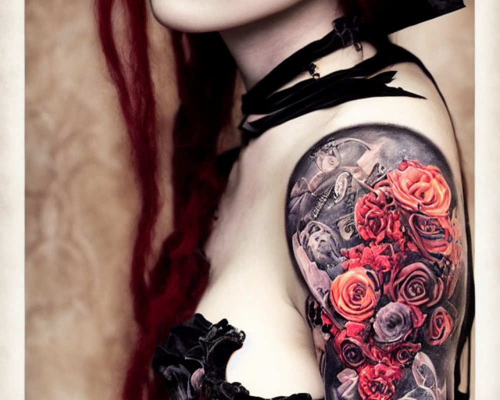 Red-haired person with dark makeup, black flower, and rose tattoo.