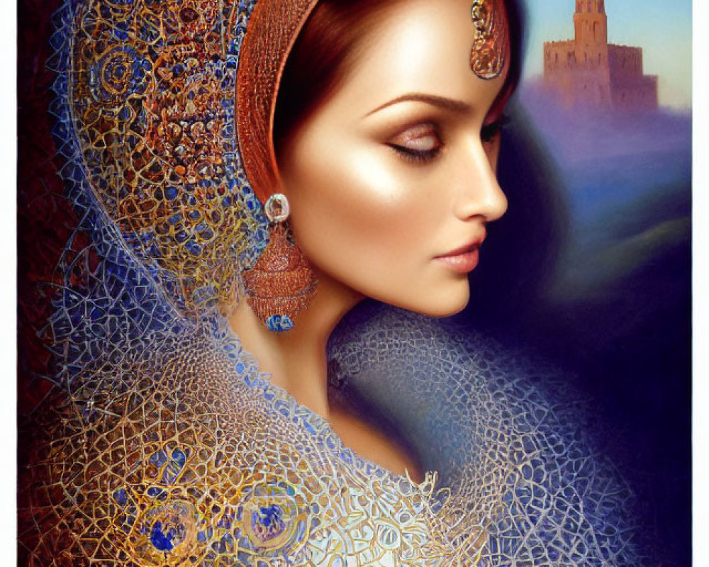 Digital artwork of woman with ornate headgear and castle backdrop