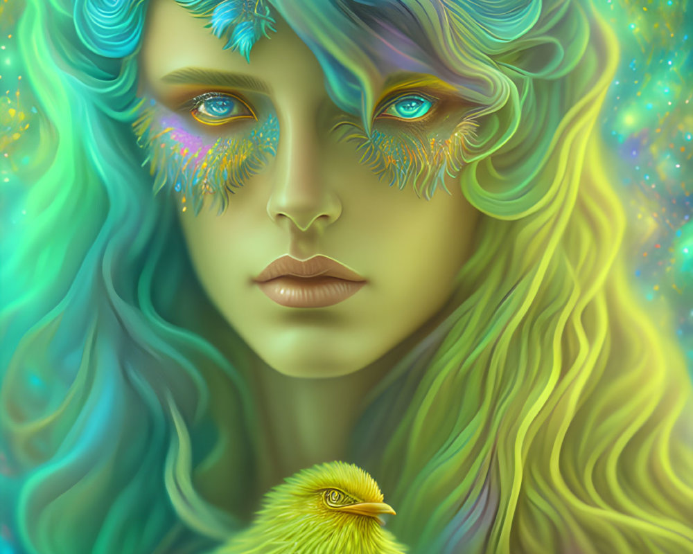 Colorful Illustration of Person with Turquoise Hair and Stars, Holding Yellow Bird