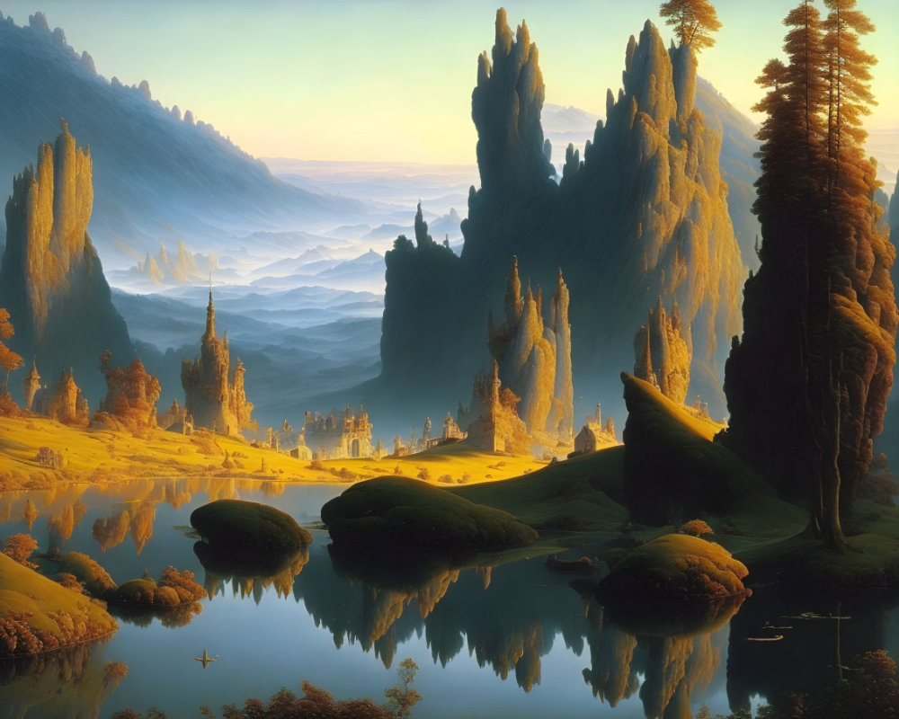 Tranquil sunrise landscape with trees, lake, mountains, and castle