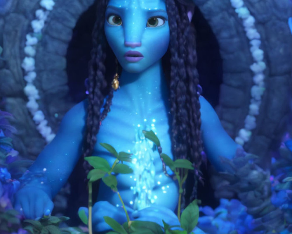 Blue-skinned humanoid surrounded by glowing plants in mystical setting