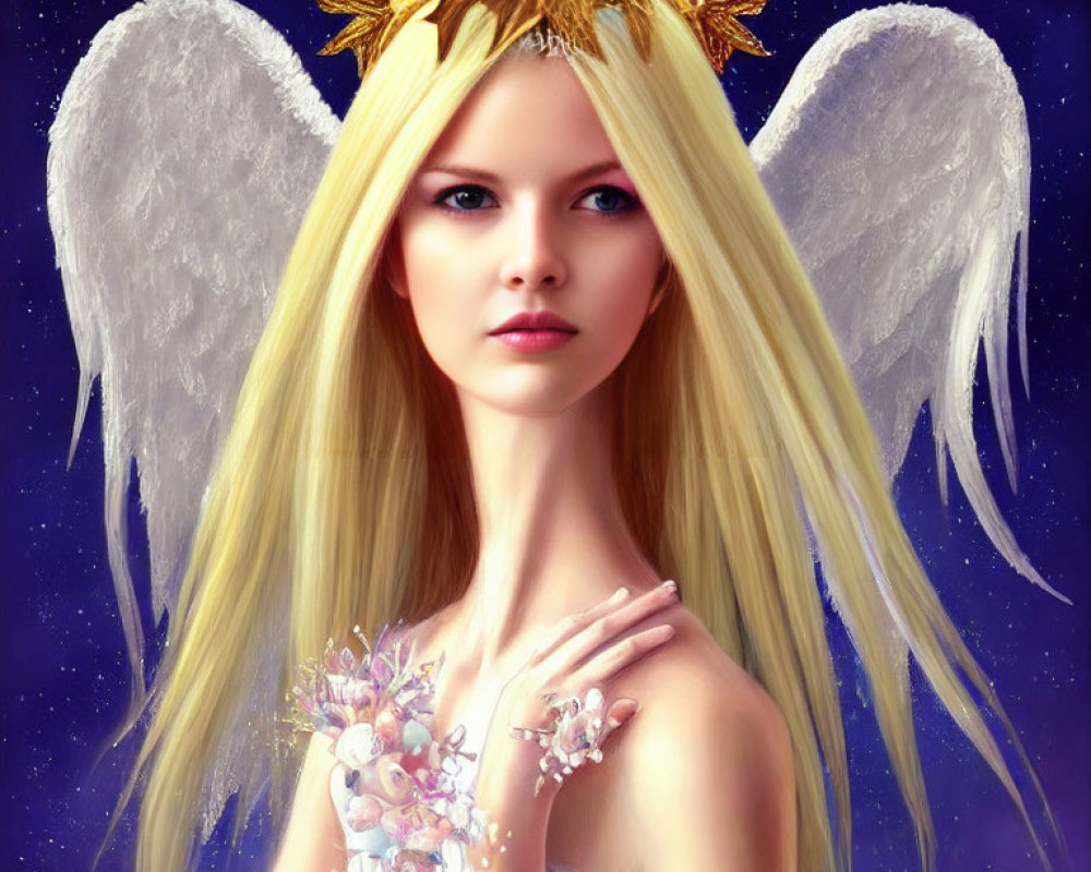 Blonde angel with wings and golden crown in starry setting