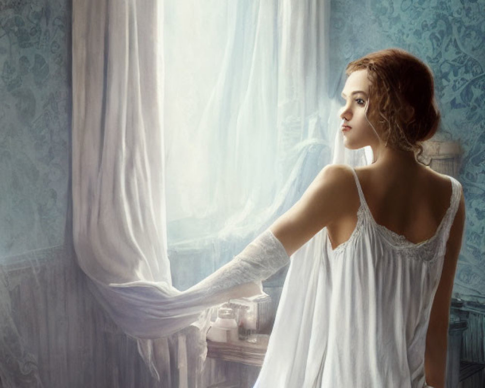 Woman in white dress gazes out window in room with blue-patterned wallpaper