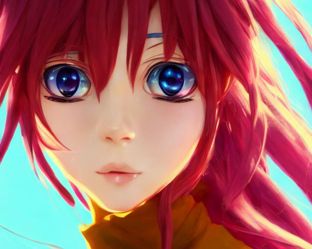 Vibrant red-haired anime character with blue eyes and yellow top on light blue background