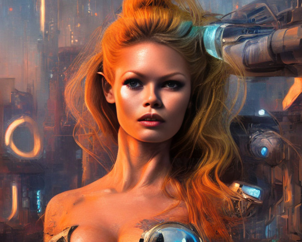 Blonde-Haired Female Cyborg with Mechanical Elements in Futuristic Cityscape