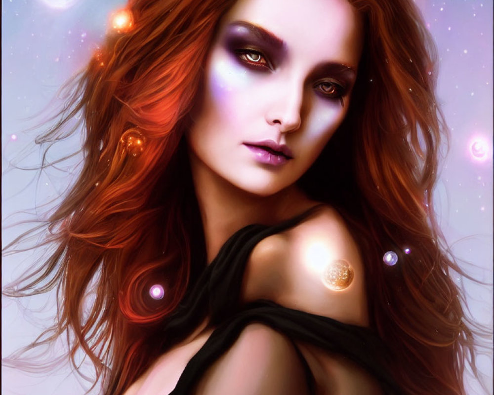 Red-haired woman with cosmic makeup and celestial orbs in digital art