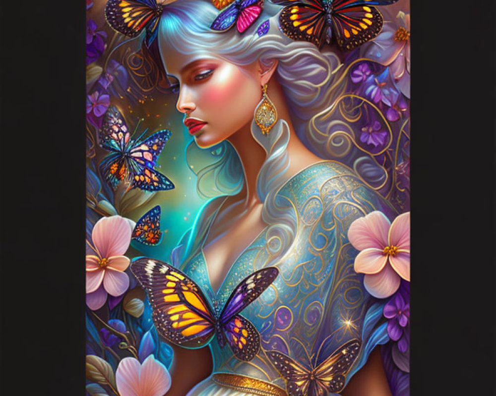 Fantasy-style digital art of woman with blue hair among vibrant butterflies and flowers