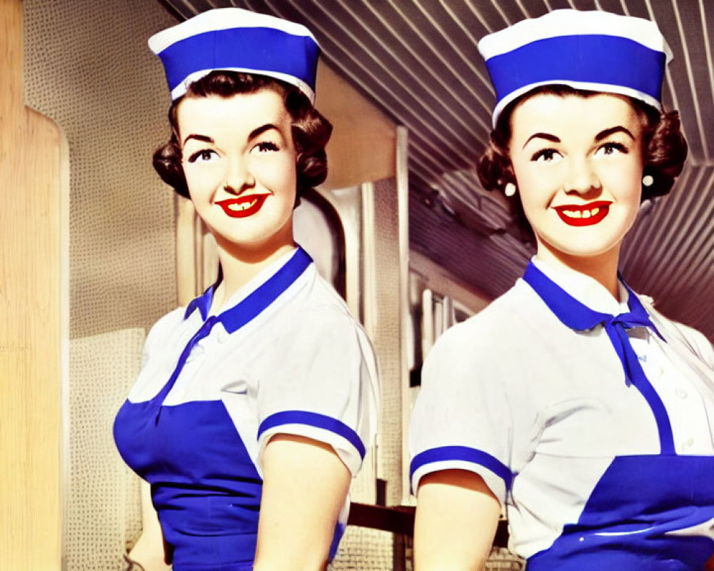 Vintage Flight Attendants in Airplane Cabin Uniforms.