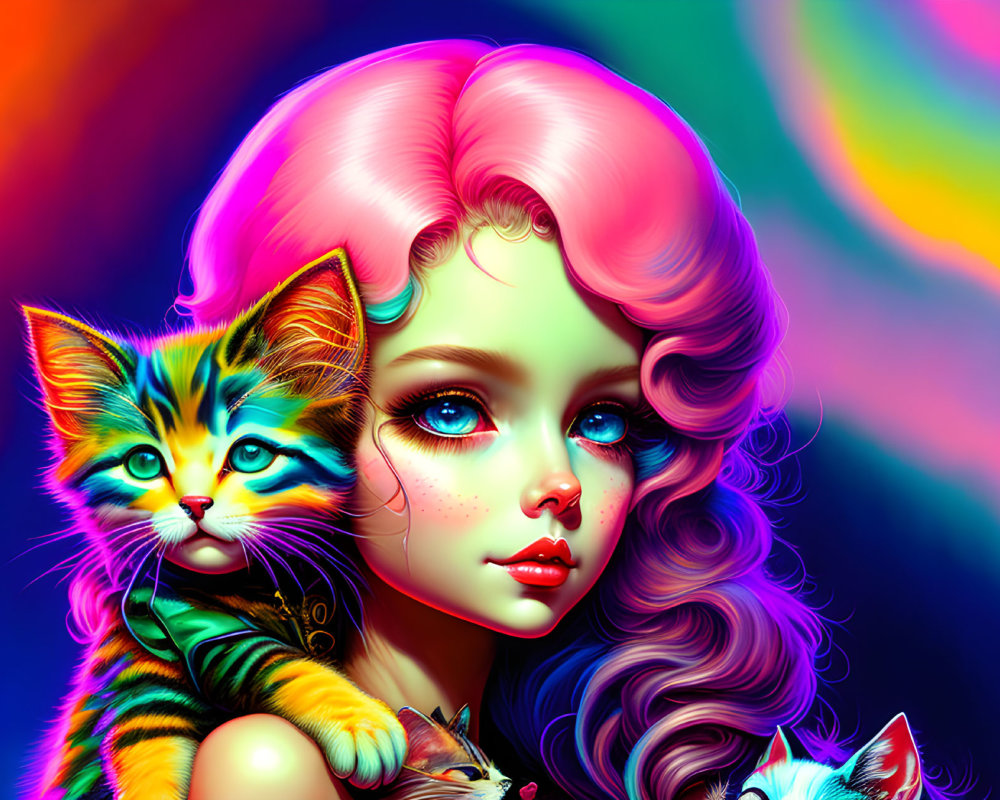 Colorful digital artwork: Woman with multicolored hair holding kitten