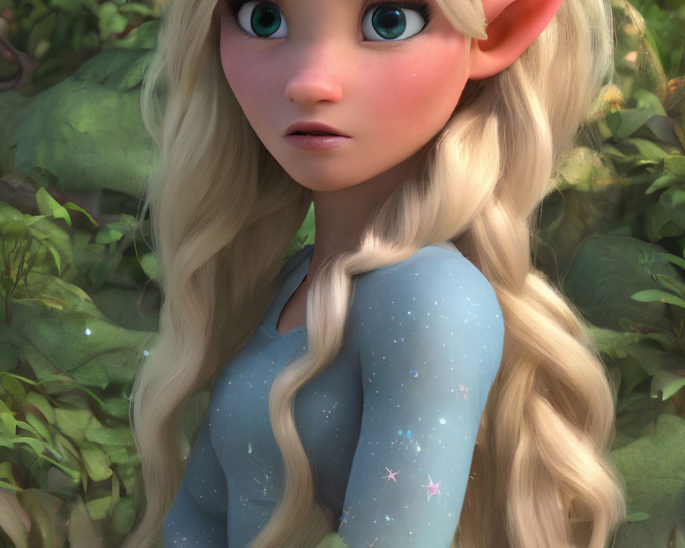 Blonde elfin character with braided hair and pointed ears in 3D illustration