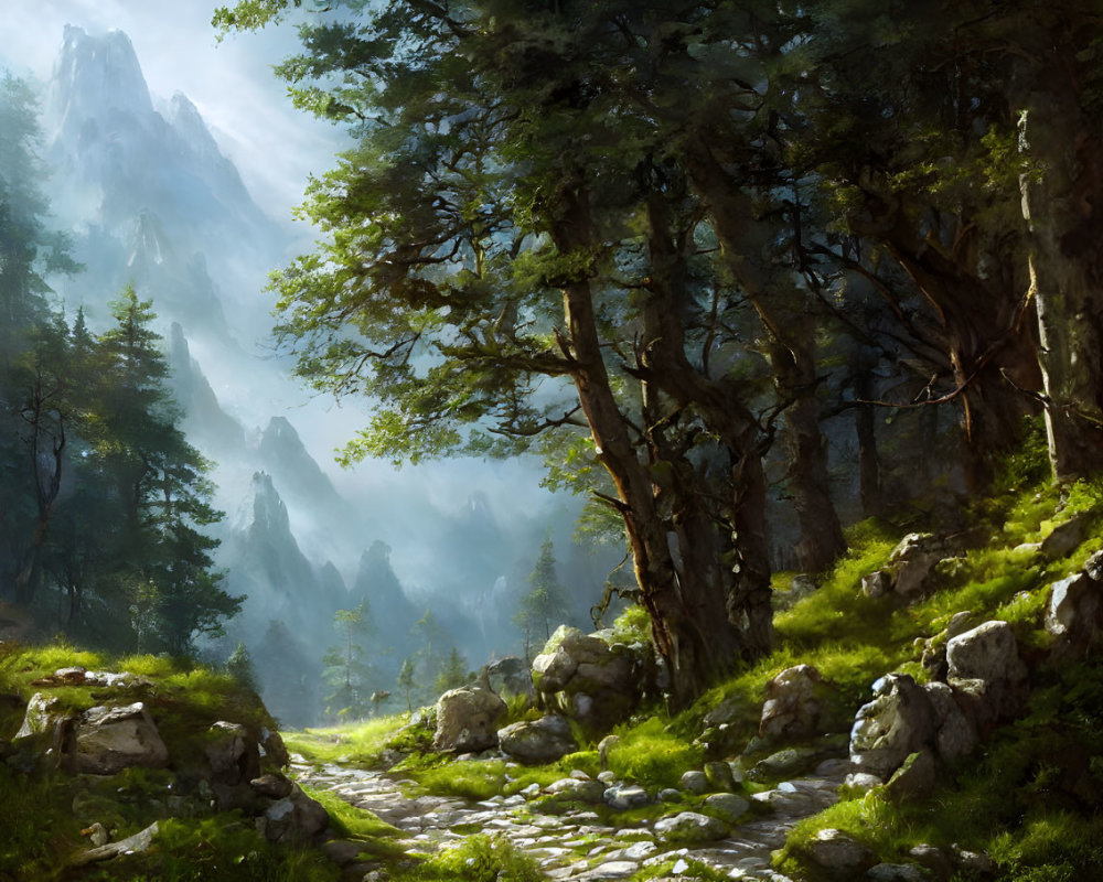 Sunlit Forest Trail with Misty Mountains Background