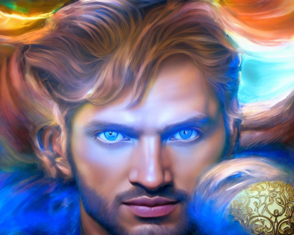 Fantasy Digital Art: Man with Blue Eyes and Cosmic Background