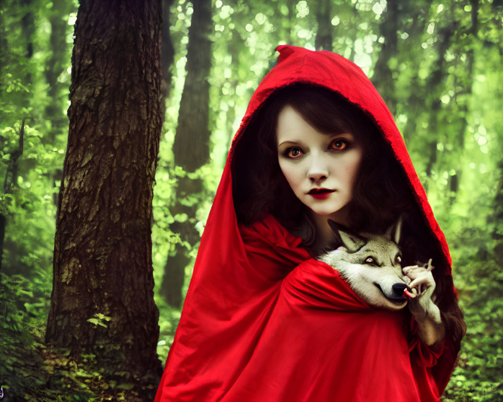 Woman in Little Red Riding Hood costume with small dog in green forest