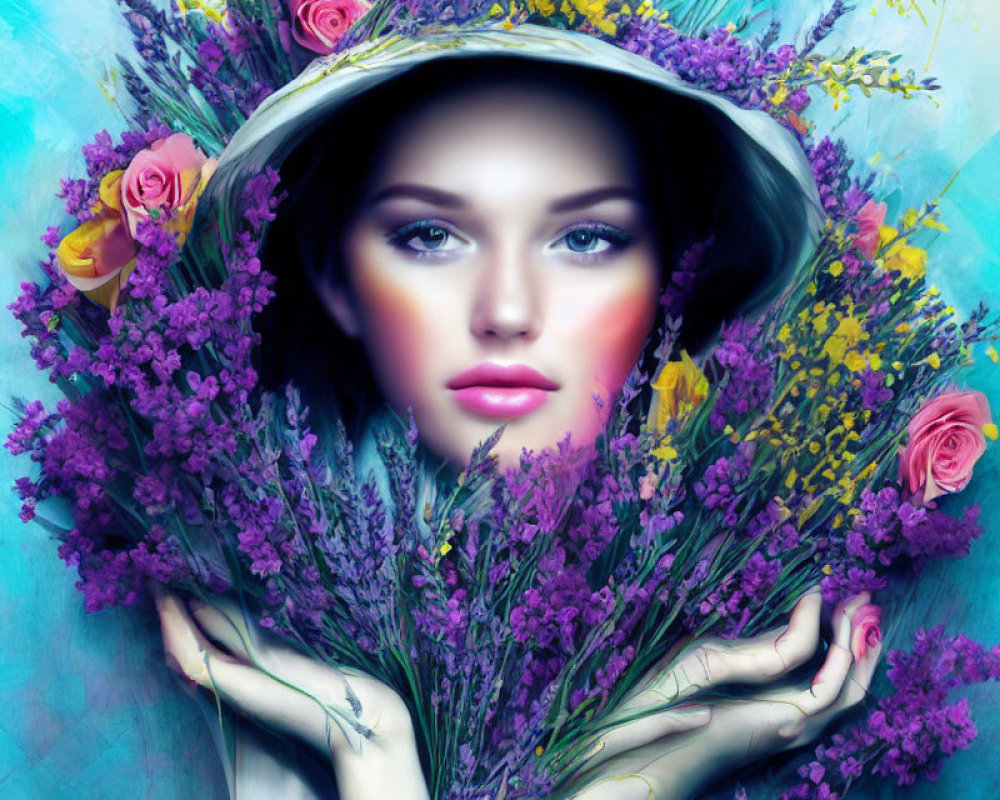 Woman in hat surrounded by vibrant flowers in soft-focus effect