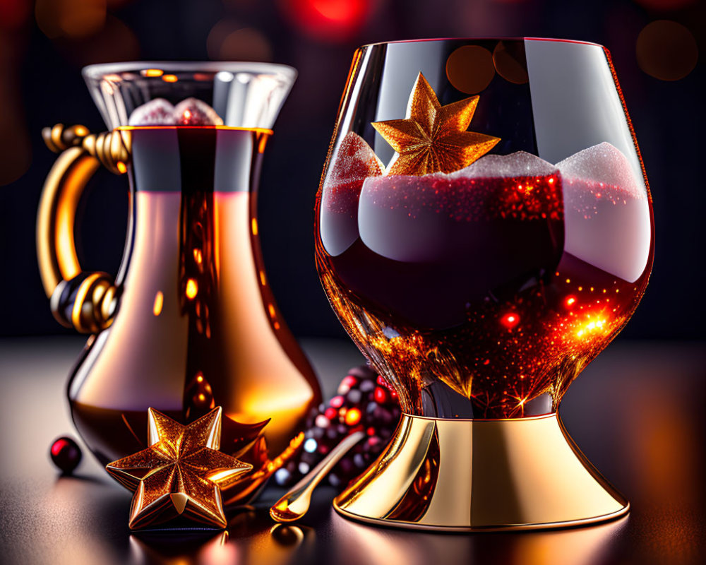 Christmas-themed drink set with sparkling cocktail in star-adorned glass & jug, berries, soft glowing