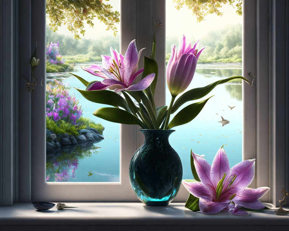 Tranquil window view with lilies, blue vase, river, greenery, and paper boats