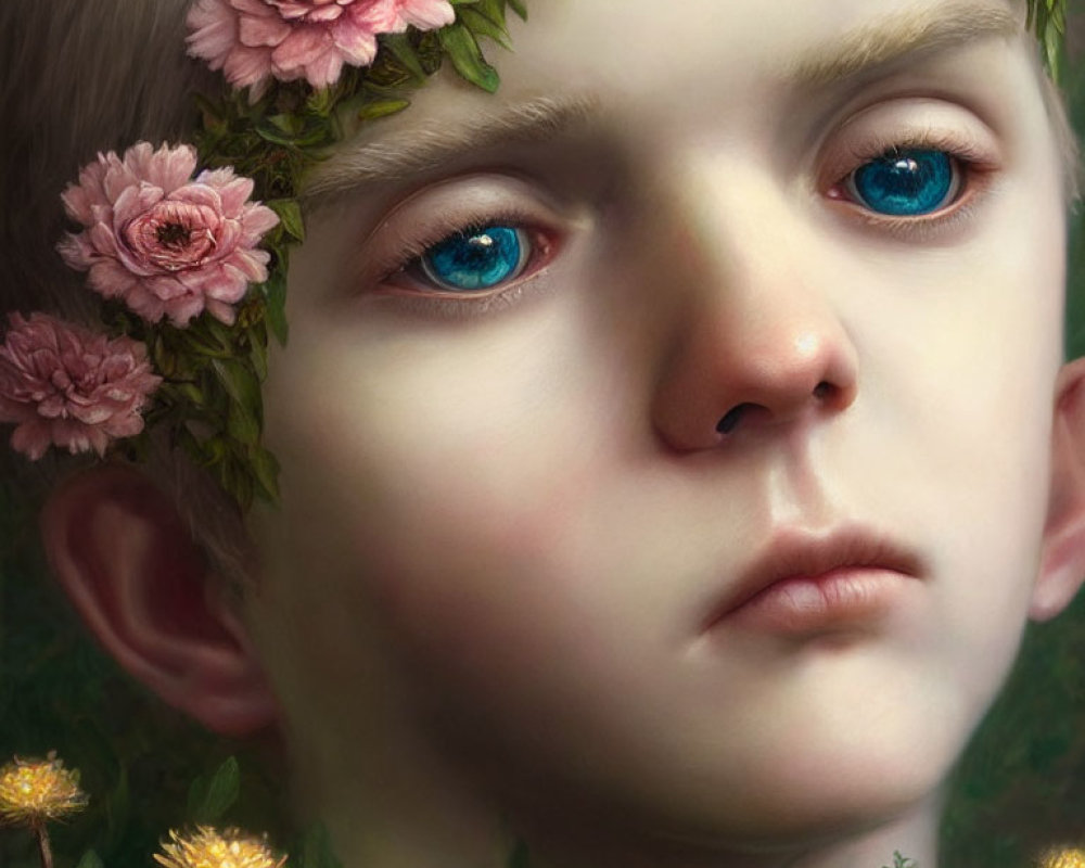 Detailed illustration of child with blue eyes wearing floral wreath