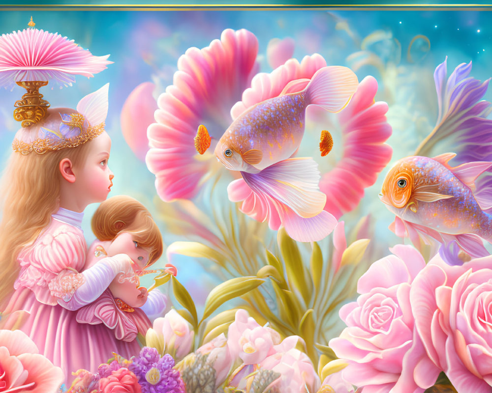 Fantastical illustration of girl with doll, goldfish, roses, and cloudy skies