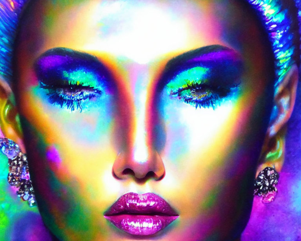 Colorful portrait of woman with vibrant makeup and closed eyes