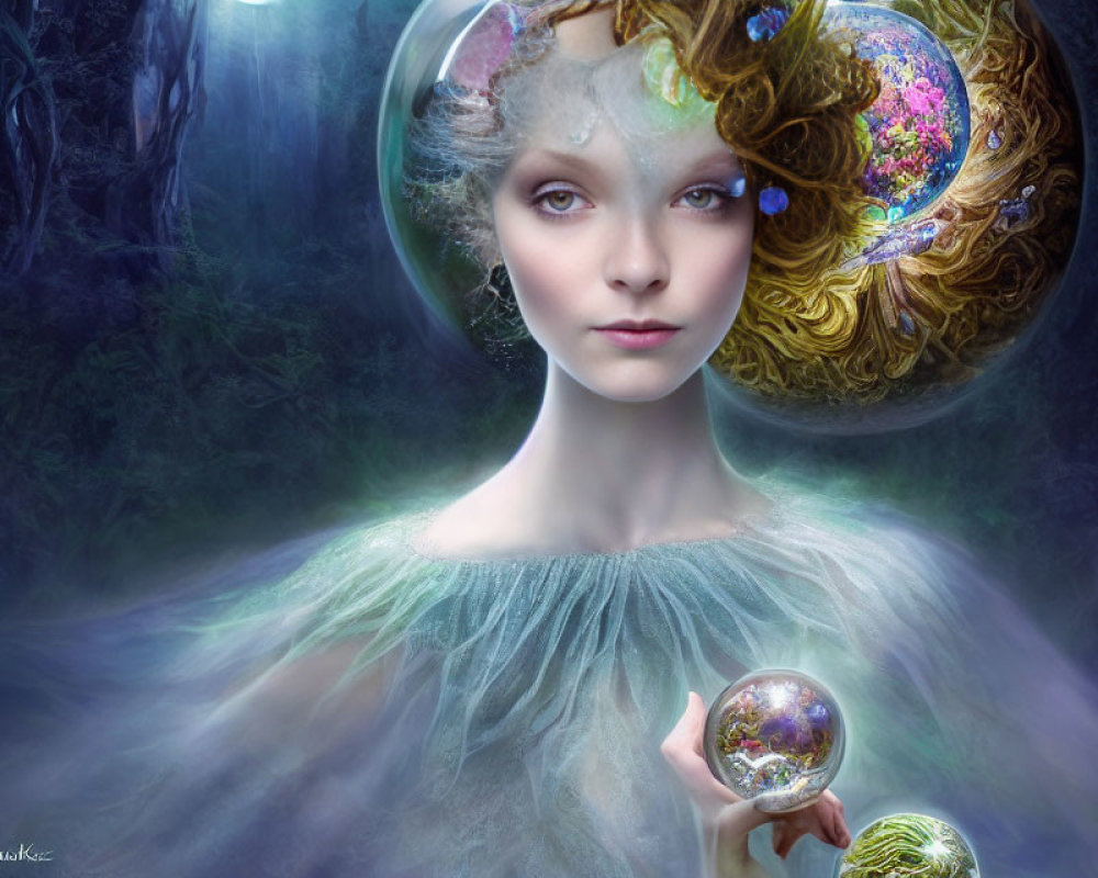 Ethereal woman portrait with cosmic sphere and space-themed headdress