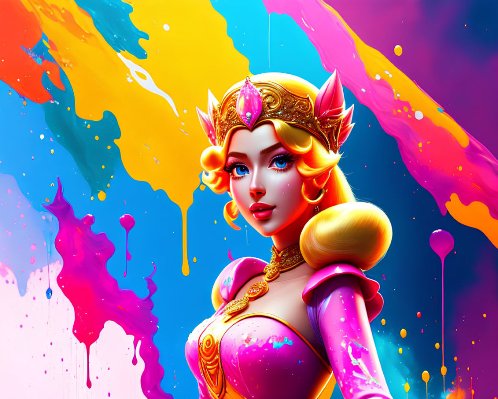 Colorful Stylized Female Character in Golden Armor Amid Paint Splatters