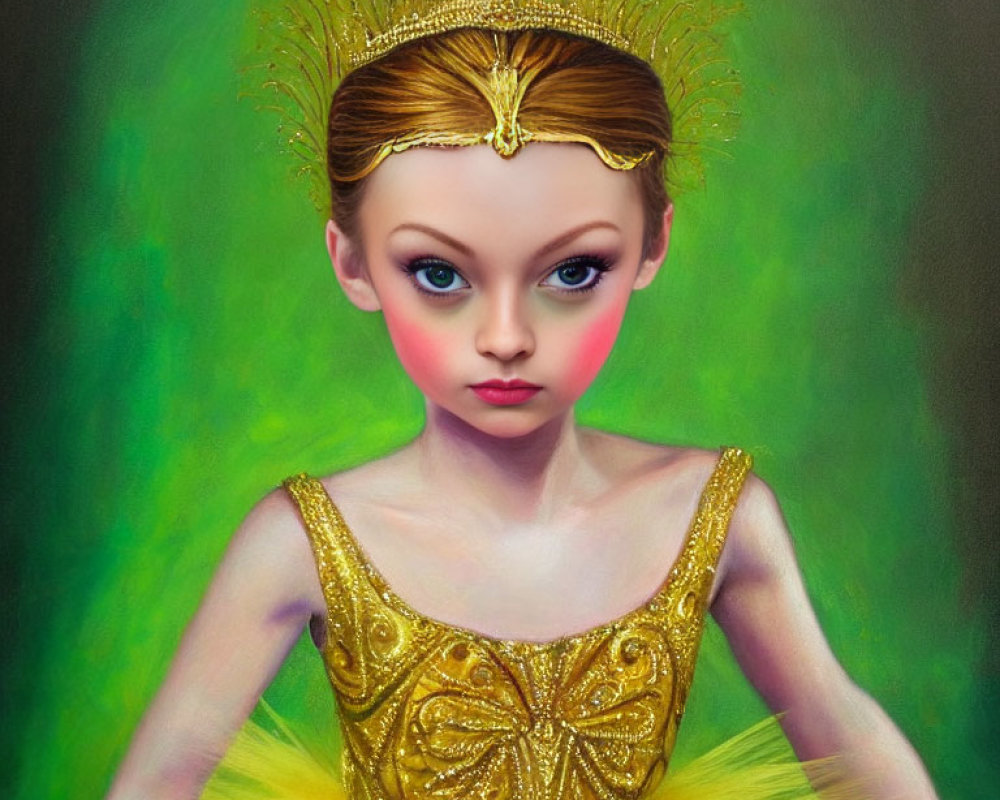 Digital artwork featuring young girl with big blue eyes in golden crown and embroidered top.