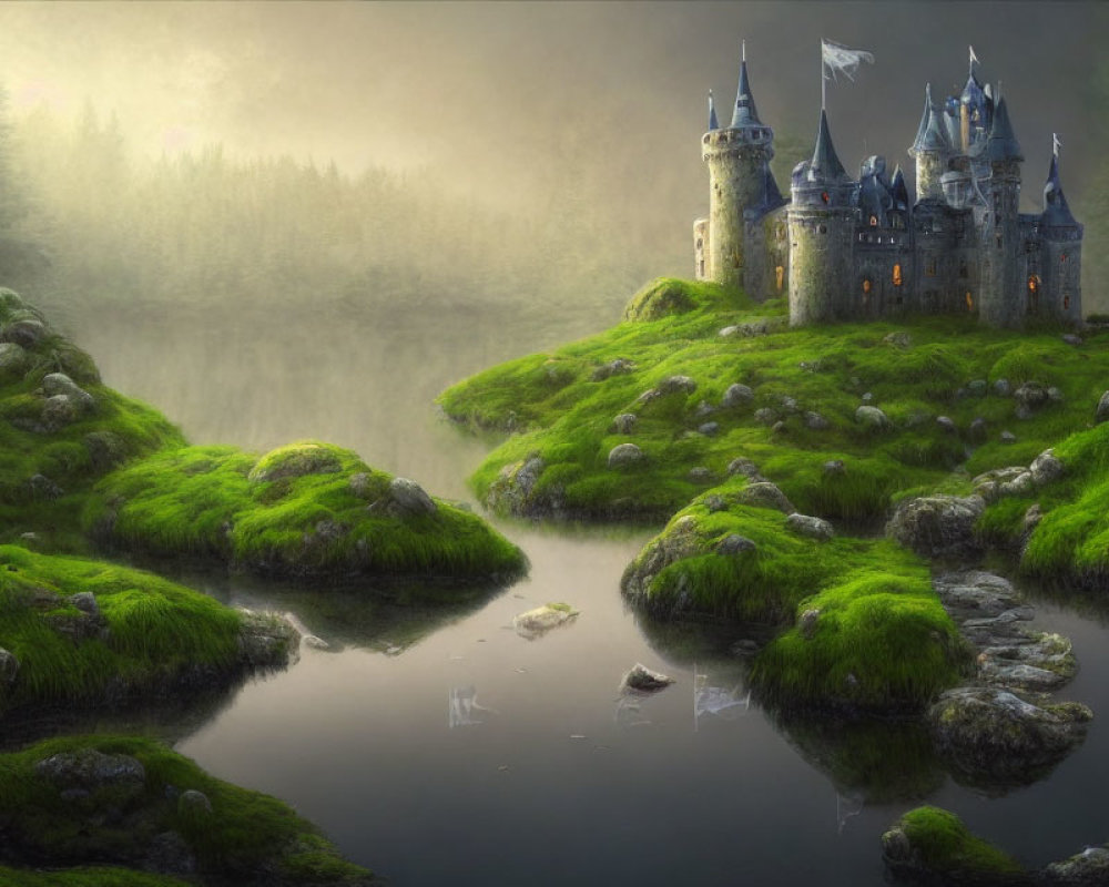 Majestic castle in serene fantasy landscape