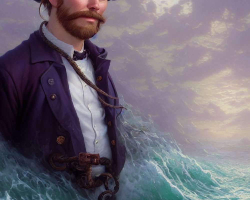 Digital Art: Man in Vintage Naval Uniform in Ocean Waves at Sunset