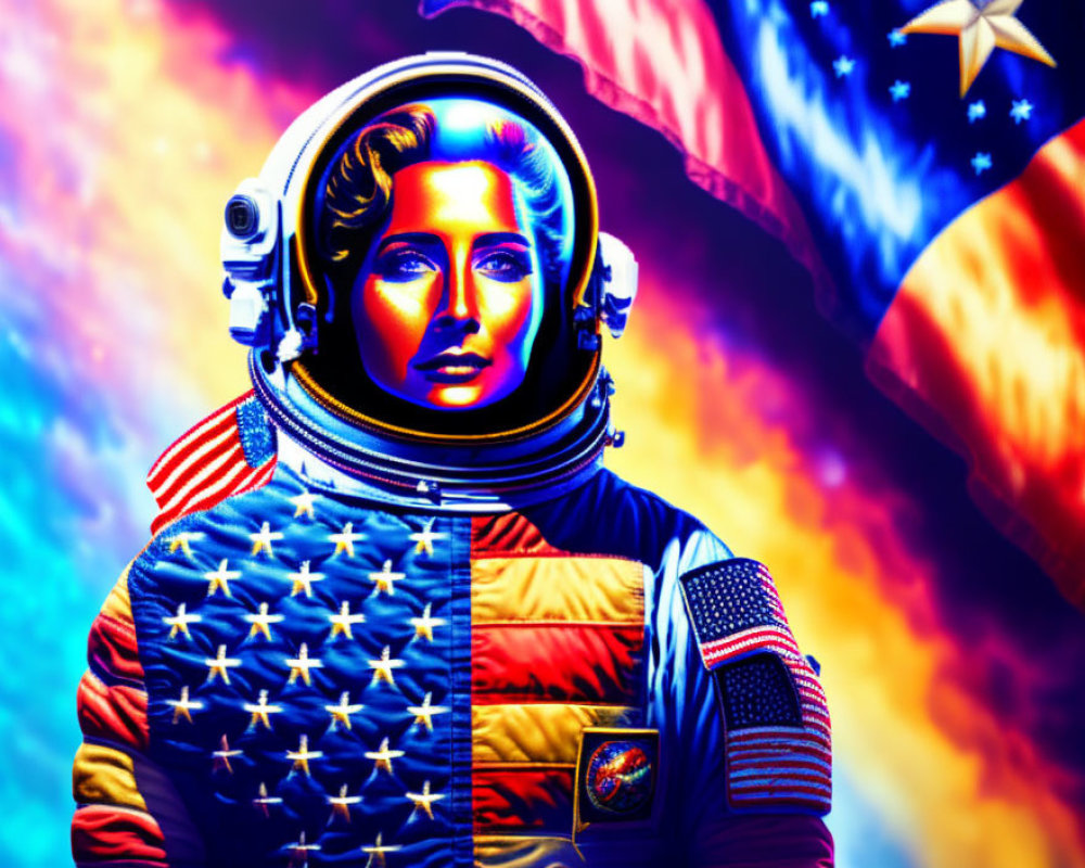 Colorful Astronaut Portrait Against American Flag Backdrop