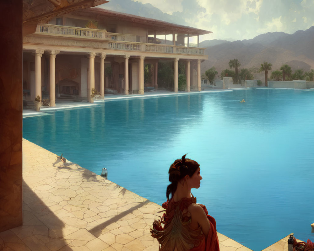 Period-attired woman by infinity pool at classical mansion with mountain backdrop