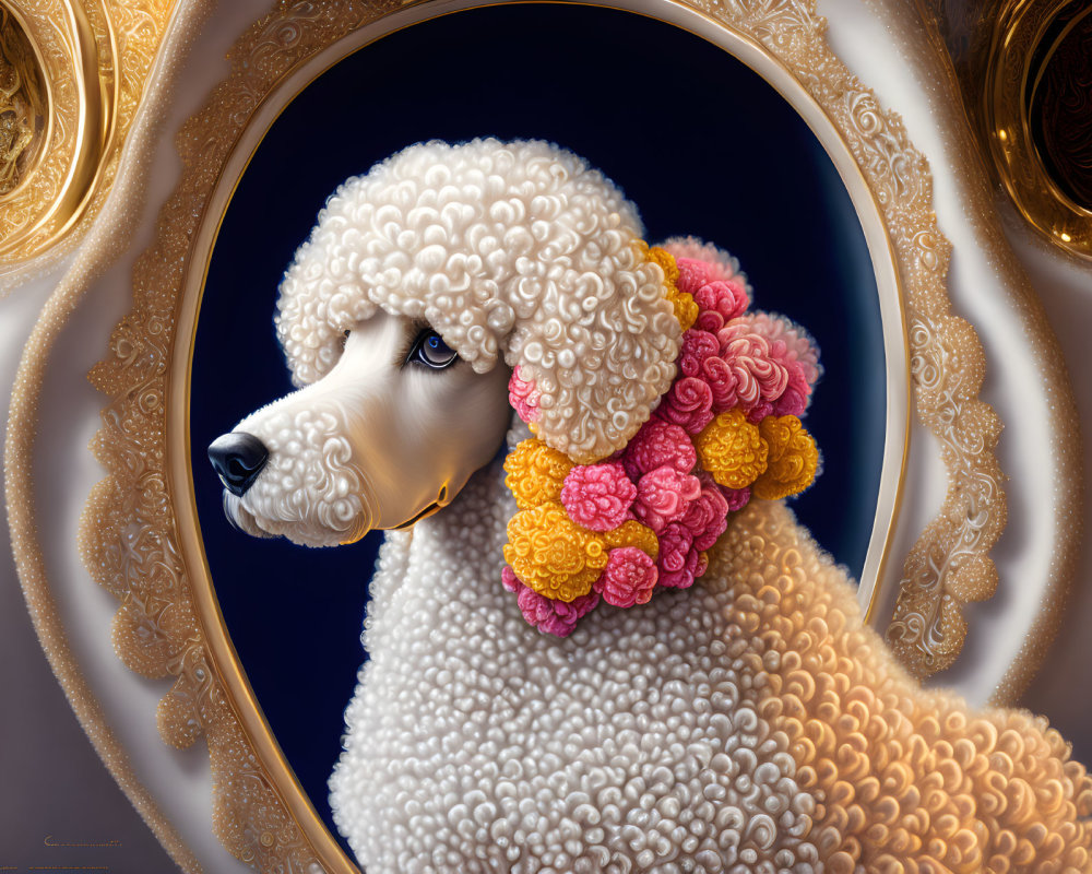 Detailed white poodle illustration with floral adornments in golden frame