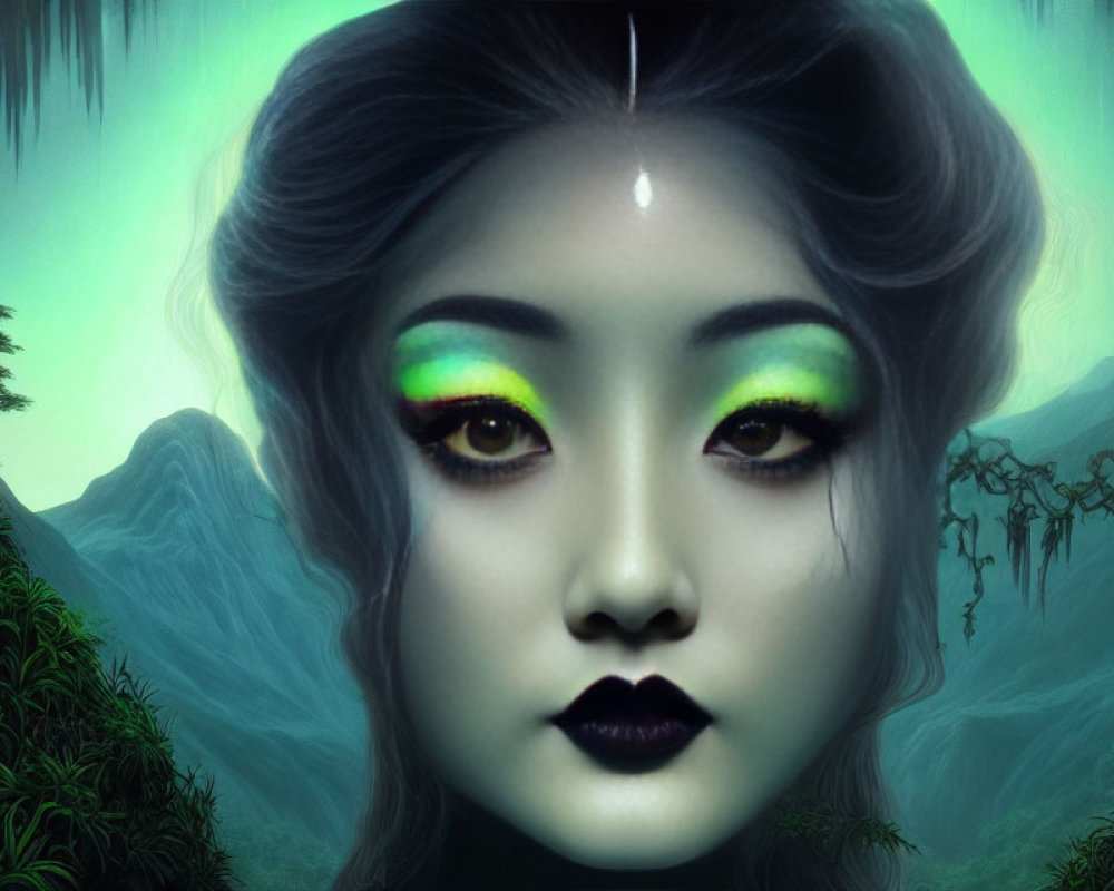 Portrait of woman with vibrant green eye makeup and black lips in mystical forest setting