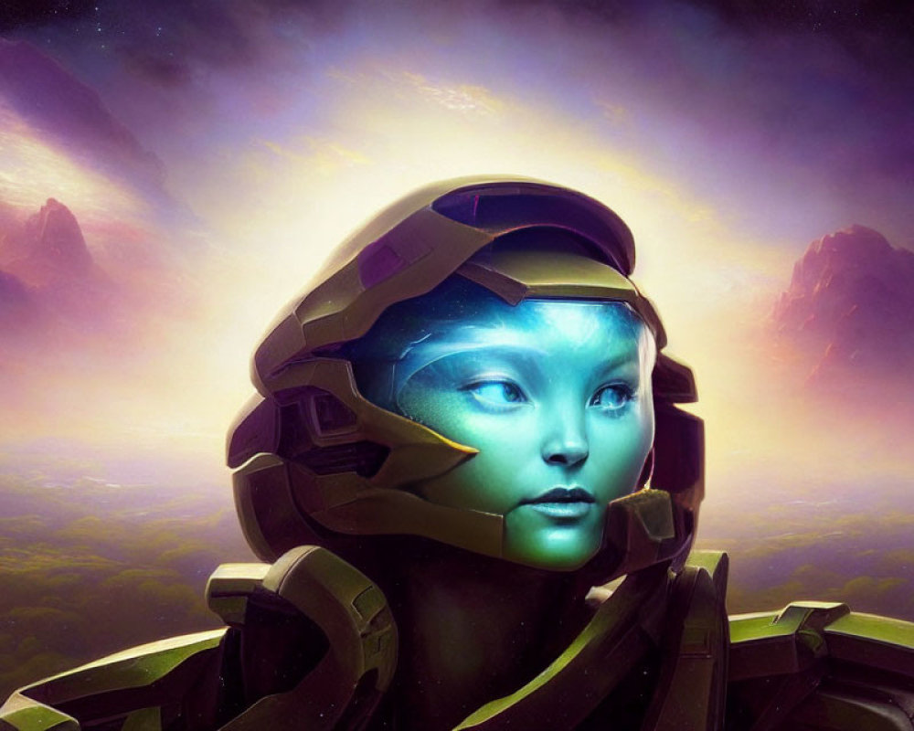 Blue-skinned female figure in futuristic armor against cosmic backdrop.