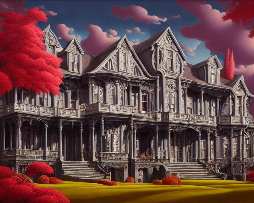 Eerie Victorian mansion with intricate woodwork in red-leaved landscape