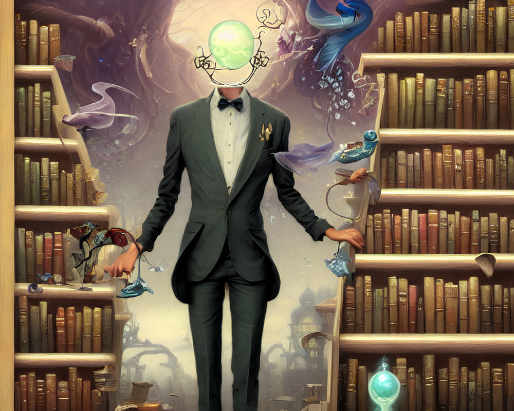 Headless man in suit with mystical items on staircase surrounded by bookshelves