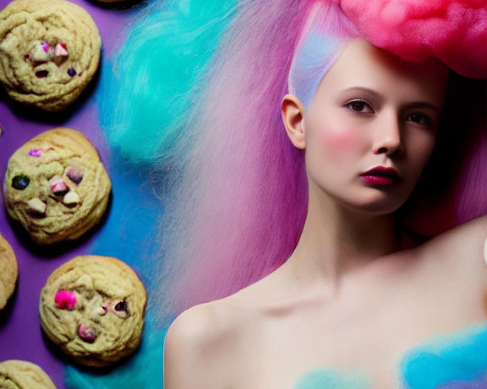 Woman with Pastel Pink and Blue Hair in Fluffy Hat Surrounded by Cookies and Candies on