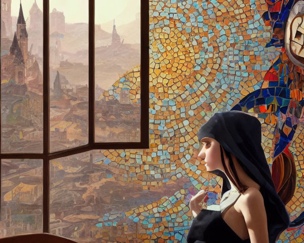 Stylized illustration of woman in black outfit with coffee by mosaic cityscape window