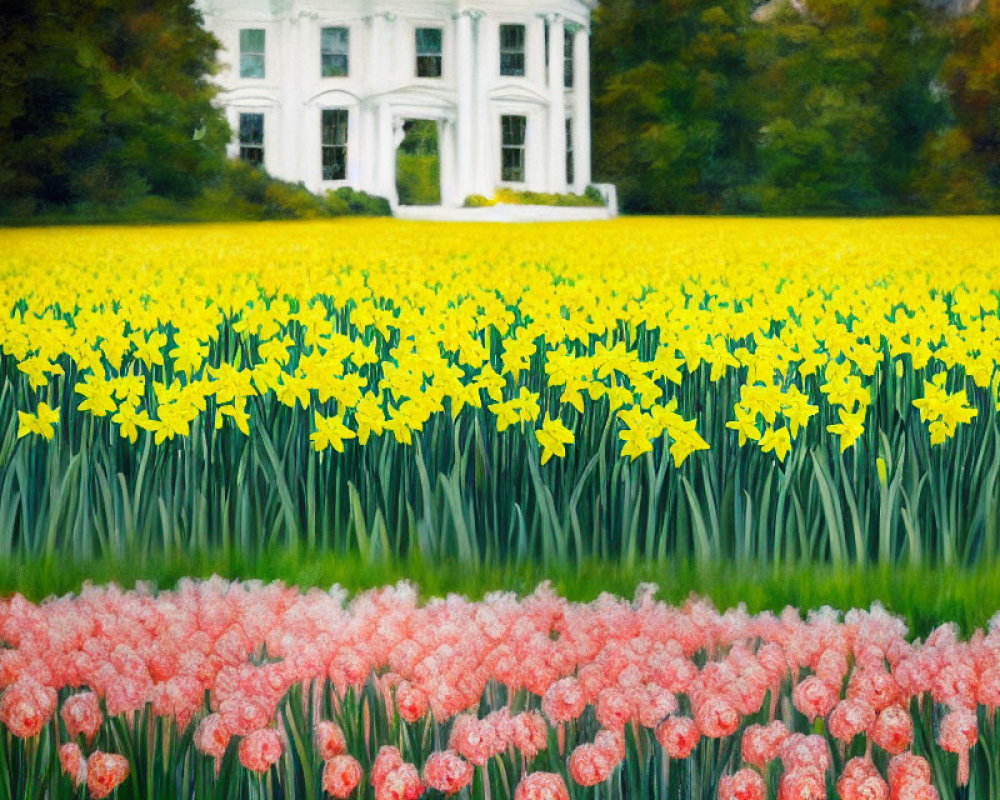 Yellow daffodils and pink tulips in bloom with white house in distance