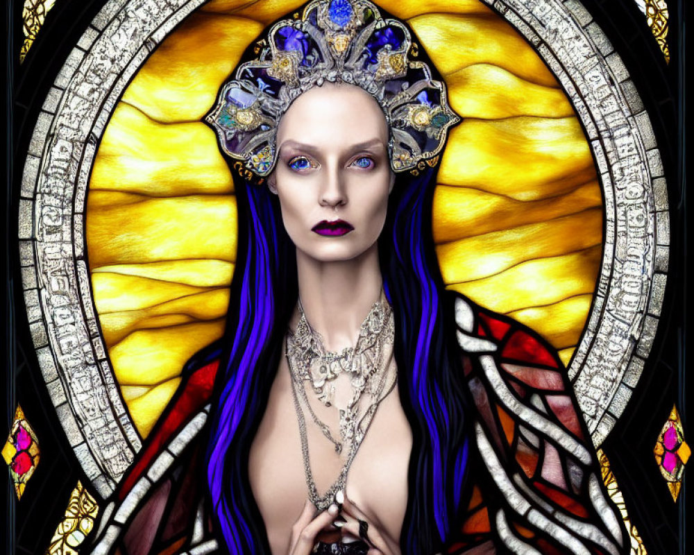 Purple-haired woman with ornate headpiece poses against stained-glass window background