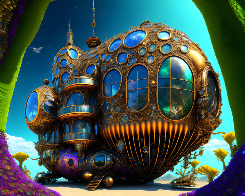 Fantastical ornate building in surreal colorful landscape