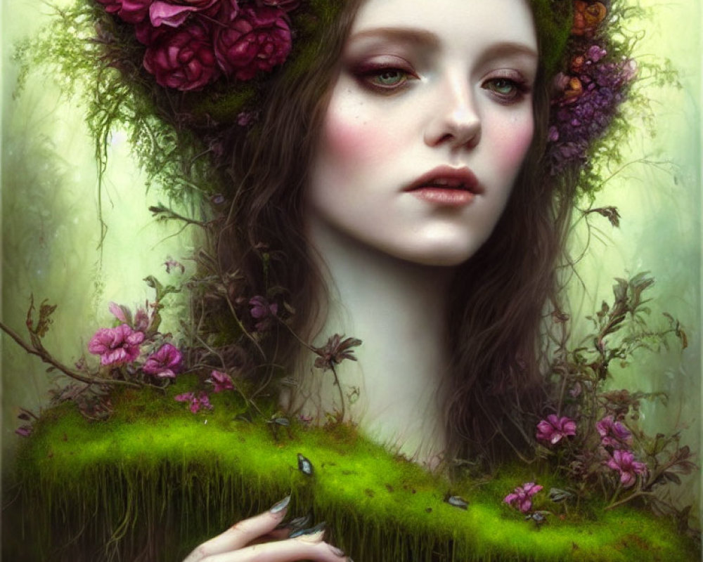 Woman's portrait with vibrant flowers and moss, showcasing nature-inspired beauty
