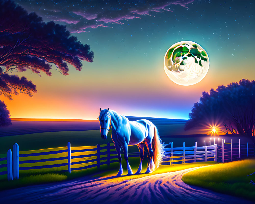 White horse by fence at twilight with vibrant sunset, oversized moon, and starry sky.