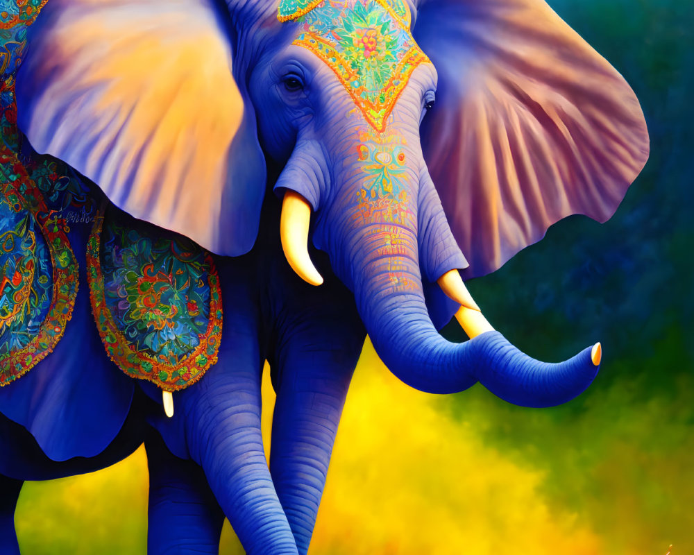 Colorful digital artwork of a blue elephant with ornate patterns on ears and back